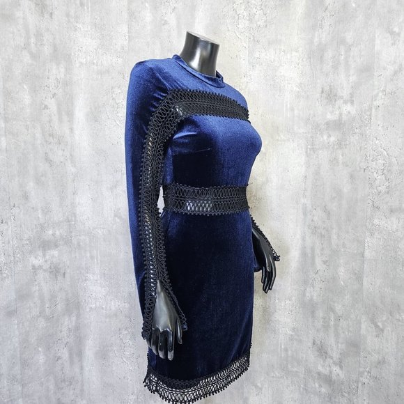 Free Generation LA Womens M Blue Velvet & Black Peekaboo L/S Mockneck Mini Dress - Picture 6 of 9
